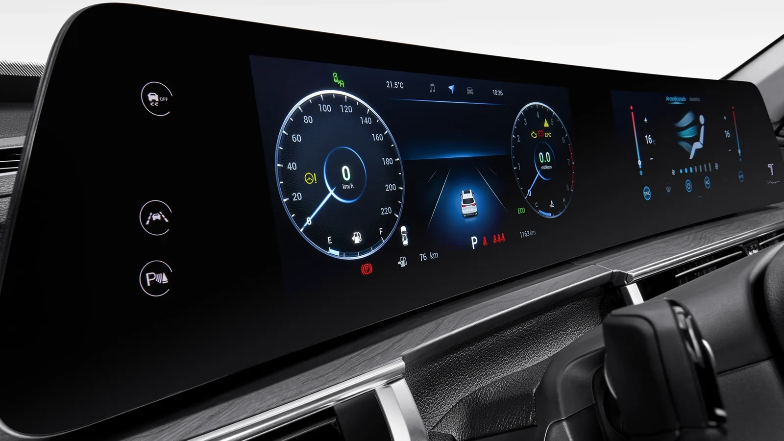 CAOA Chery Tiggo 8 Pro 1.6 TGDI Automático: tela do painel de instrumentos e da central multimídia