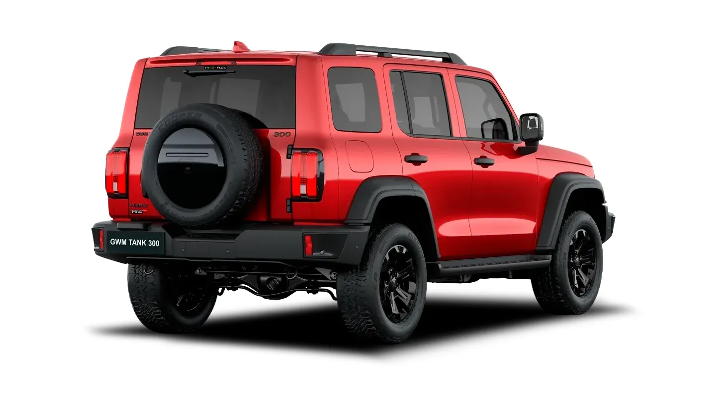 GWM Tank 300 Híbrido 2.0 Turbo Automático: de trás, em três quartos (vermelho brava)