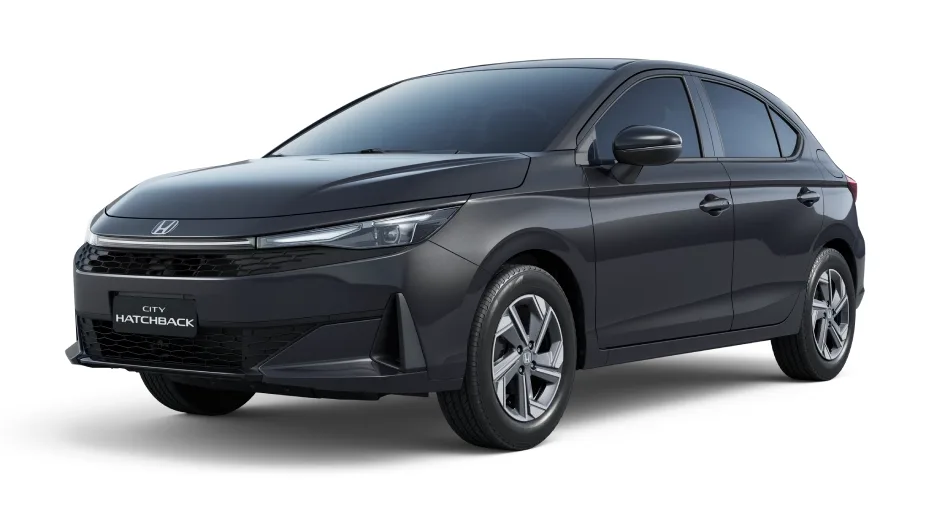Honda City Hatchback EX 1.5 Automático: de frente, em três quartos (cinza basalto metálico)