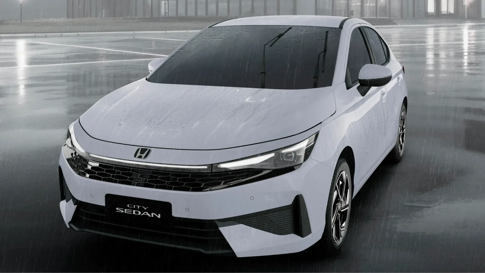 Honda City EX 1.5 Automático: de frente, vista do alto, na chuva (branco)