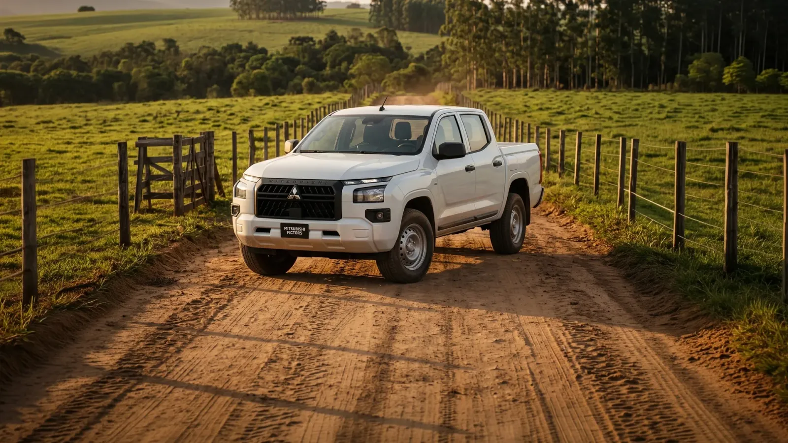 Mitsubishi Triton GL 2.4 Diesel Automático: três quartos de frente, numa porteira de fazenda