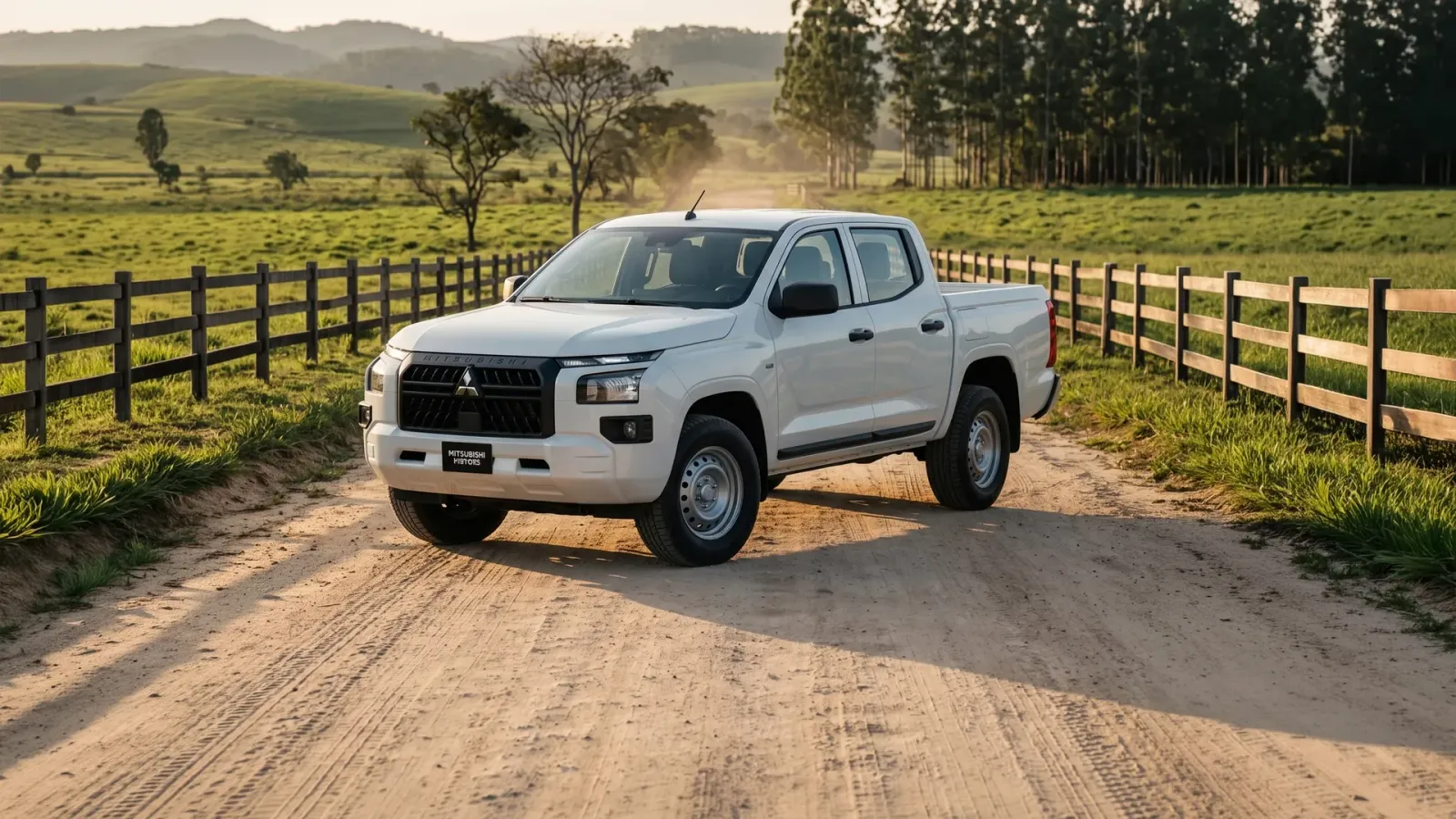 Mitsubishi Triton GL 2.4 Diesel Automático: três quartos de frente, em estrada de terra