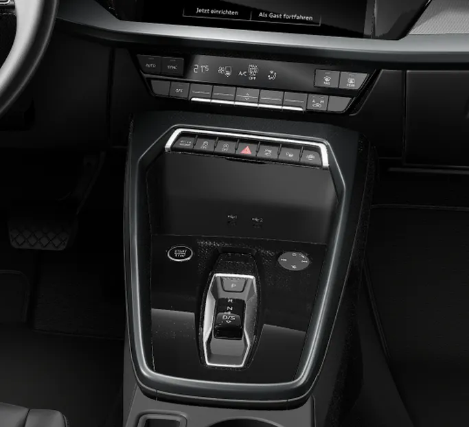 Console central do Audi A3 Sedan com os comandos do ar-condicionado e o seletor do câmbio