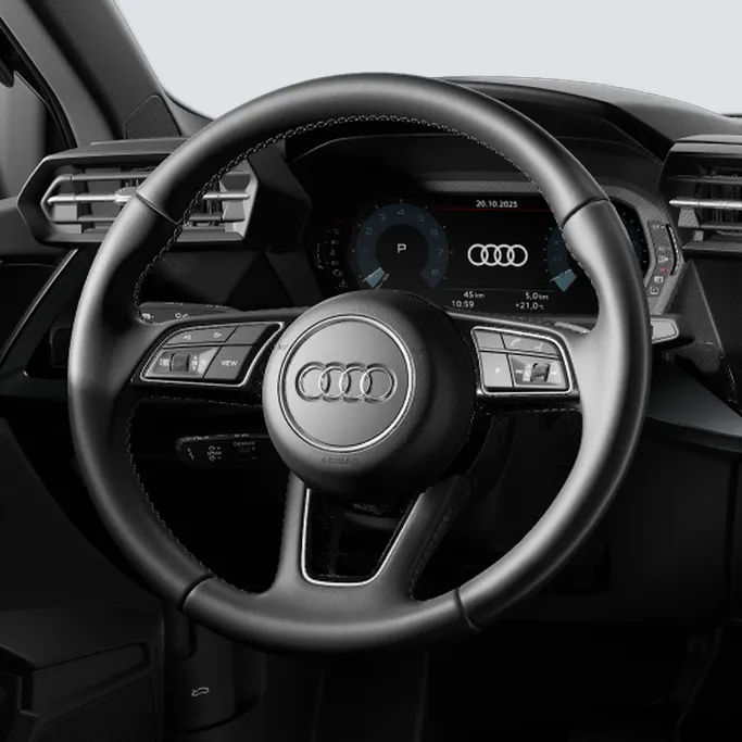 Volante em couro do Audi A3 Sedan com o Audi virtual cockpit ao fundo
