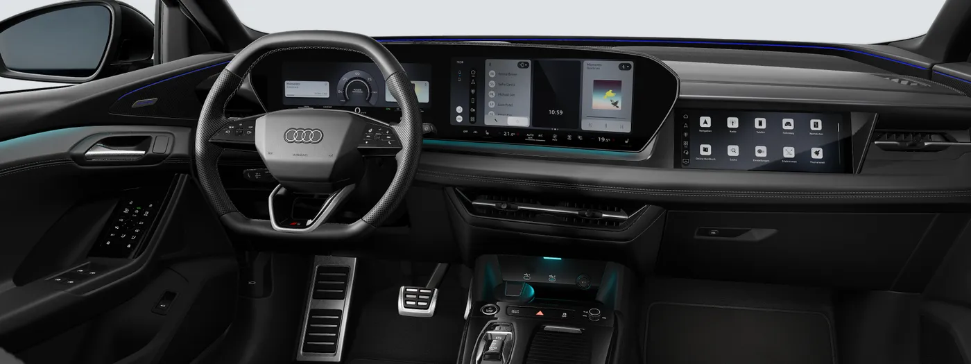 Painel do Audi Q6 e-tron com o Audi virtual cockpit plus, o display central do MMI e o display do passageiro