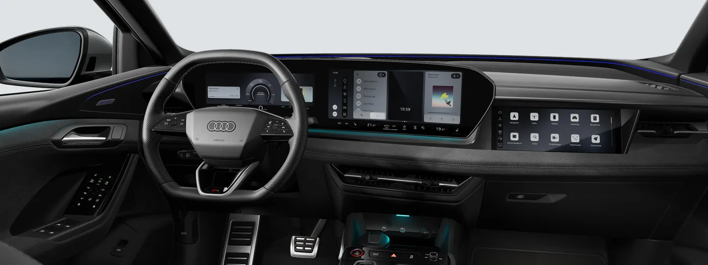 Painel do Audi SQ6 Sportback e-tron com o Audi virtual cockpit plus, a tela central e o display do passageiro