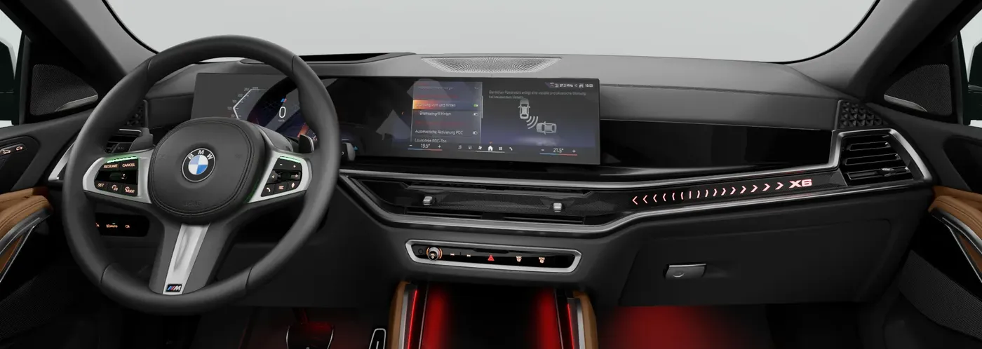 Painel da BMW X6 com a tela curva e o volante M Sport